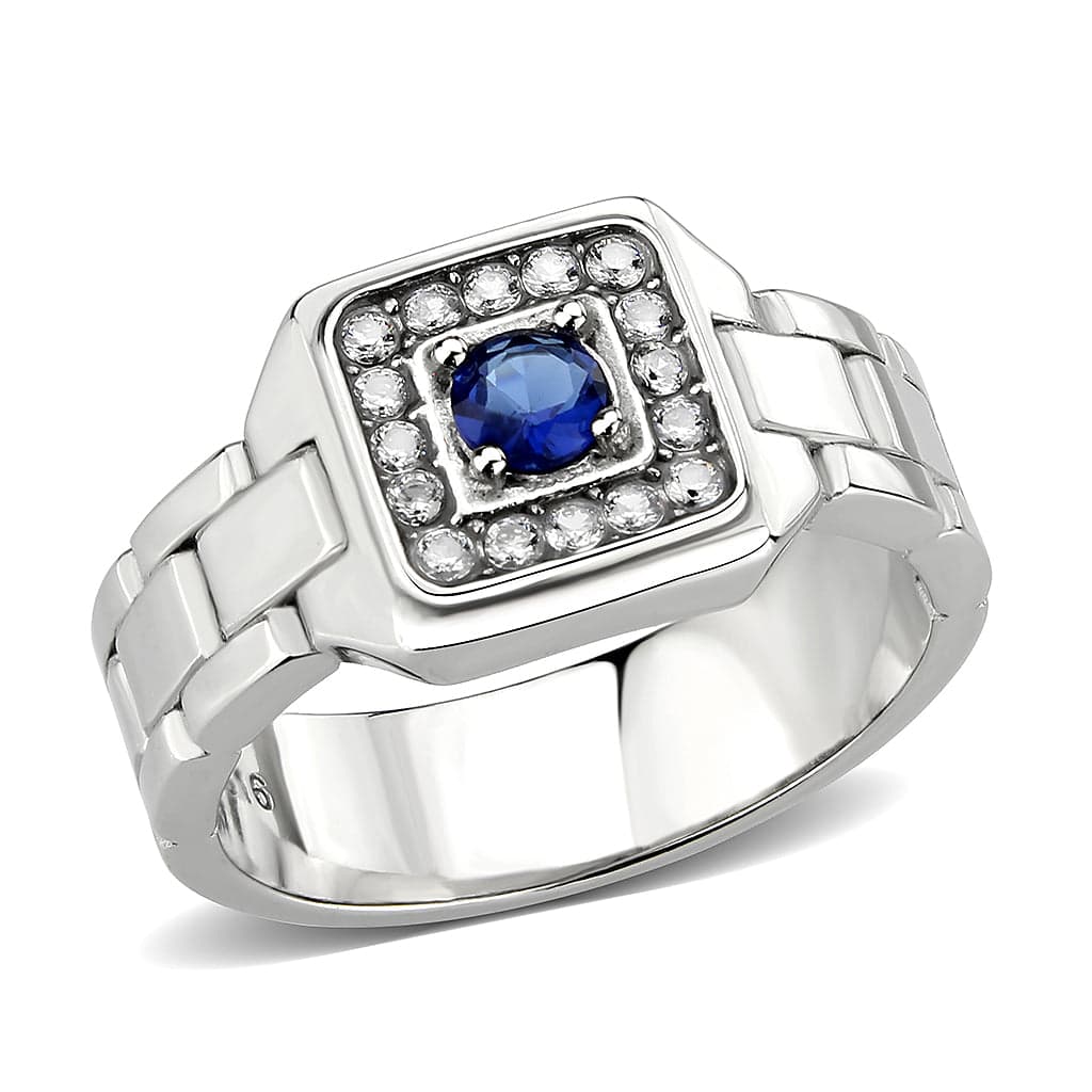 Stainless Steel Silver Blue Sapphire CZ Oval Pave Link Mens Ring