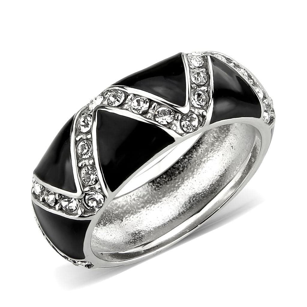Stainless Steel Silver Black Enamel CZ Pave X Crossover Wide Ring