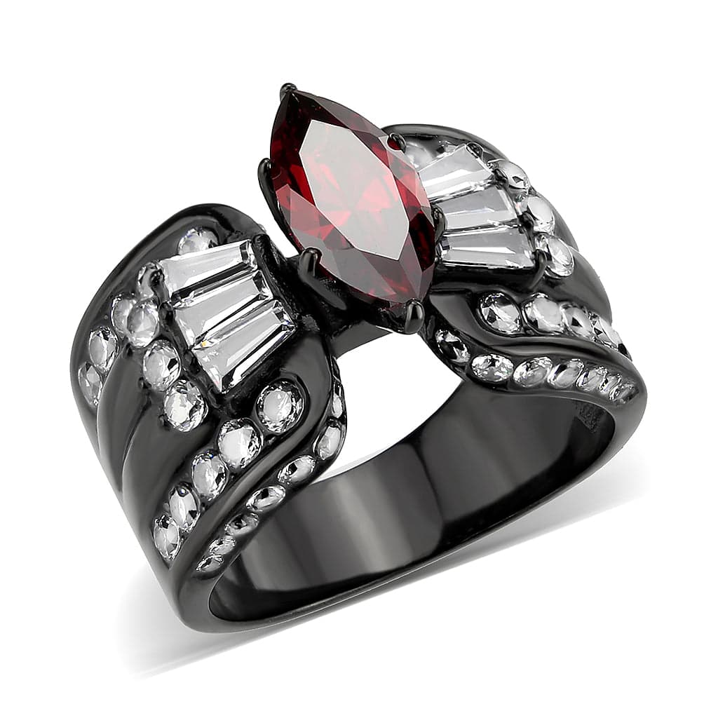 Stainless Steel Dark IP Red Garnet CZ Marquise Baguette Wide Ring