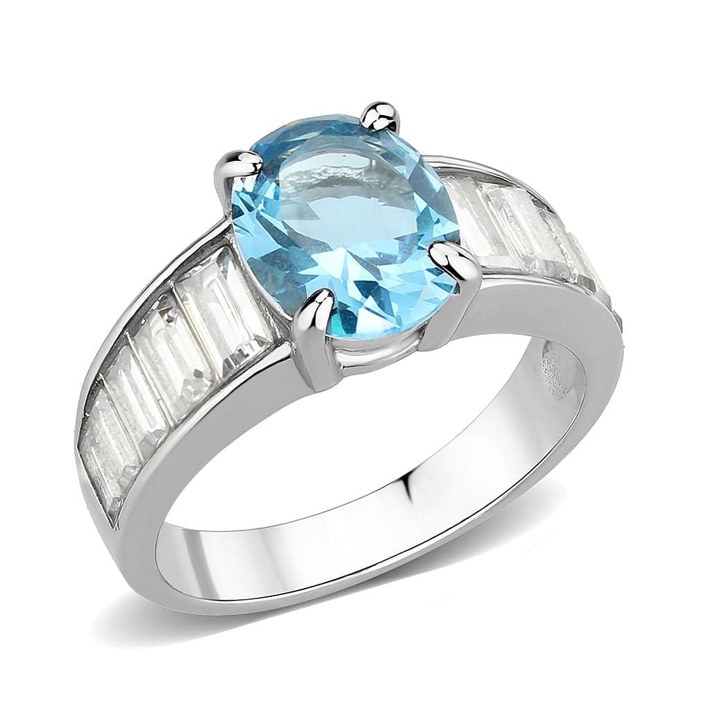 Stainless Steel Silver Aquamarine CZ Oval Baguette Channel Ring