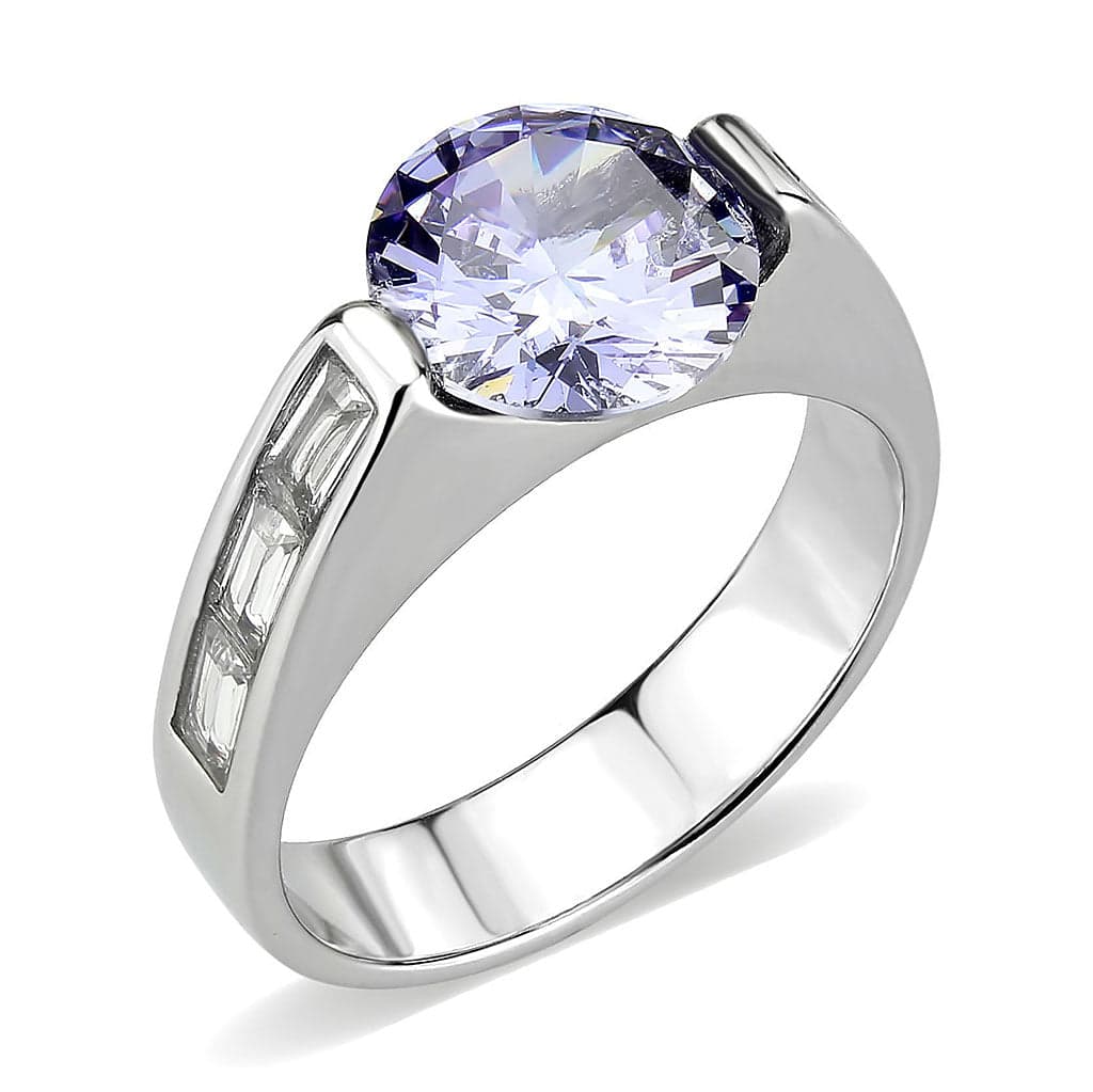 Stainless Steel Silver Lavender CZ Oval Baguette Channel Ring