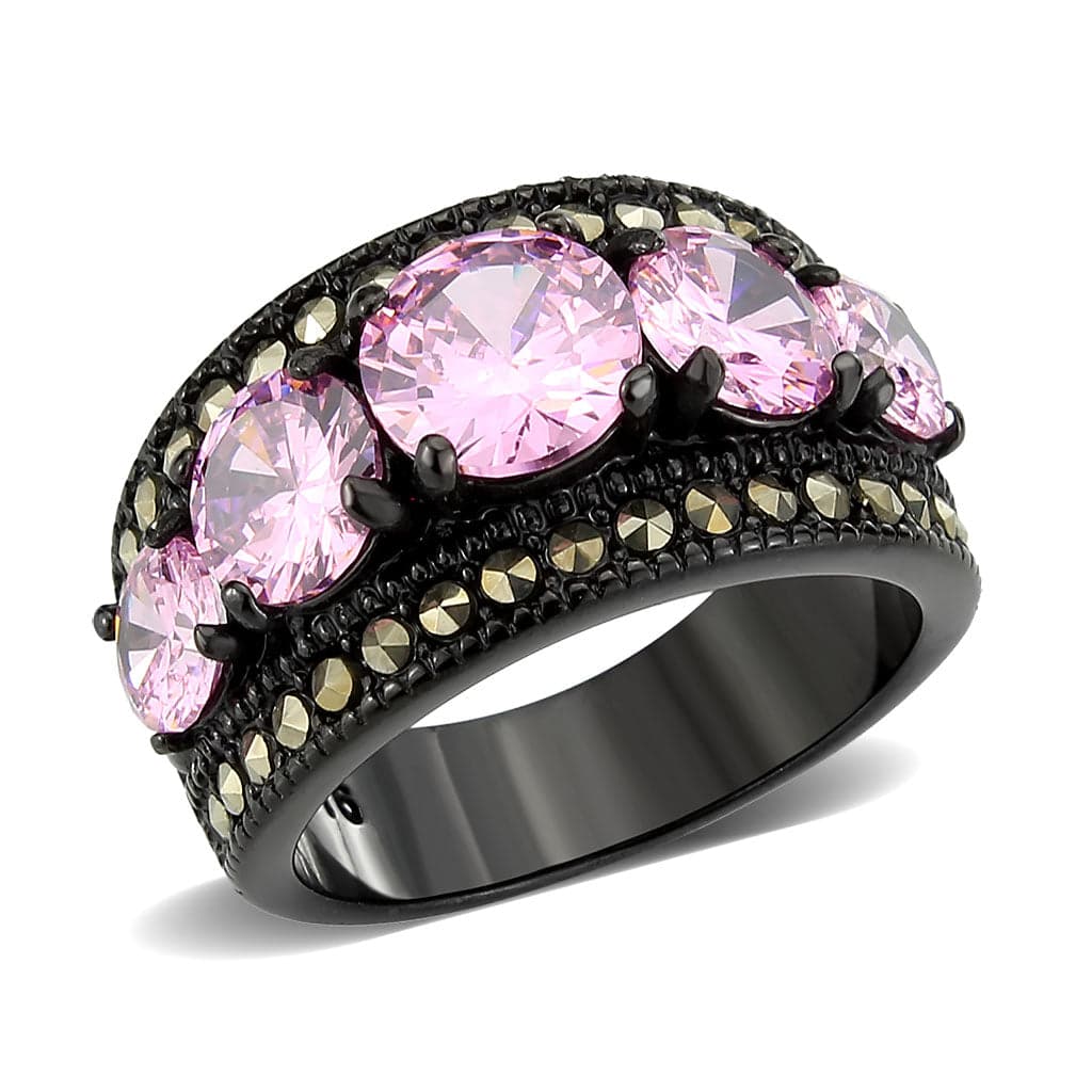 Stainless Steel Dark IP Pink Crystal Round Graduated Wide Ring