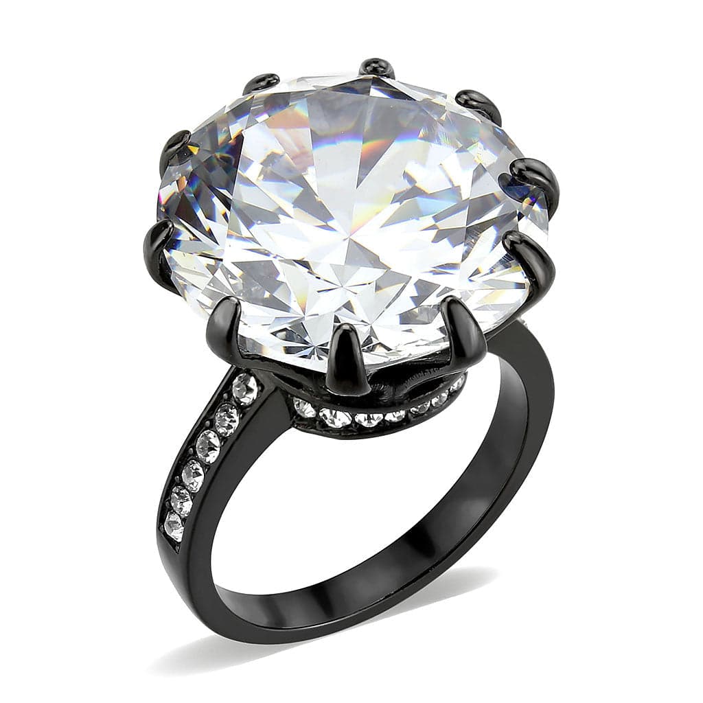 Stainless Steel Dark IP CZ Round Crown Cathedral Solitaire Ring