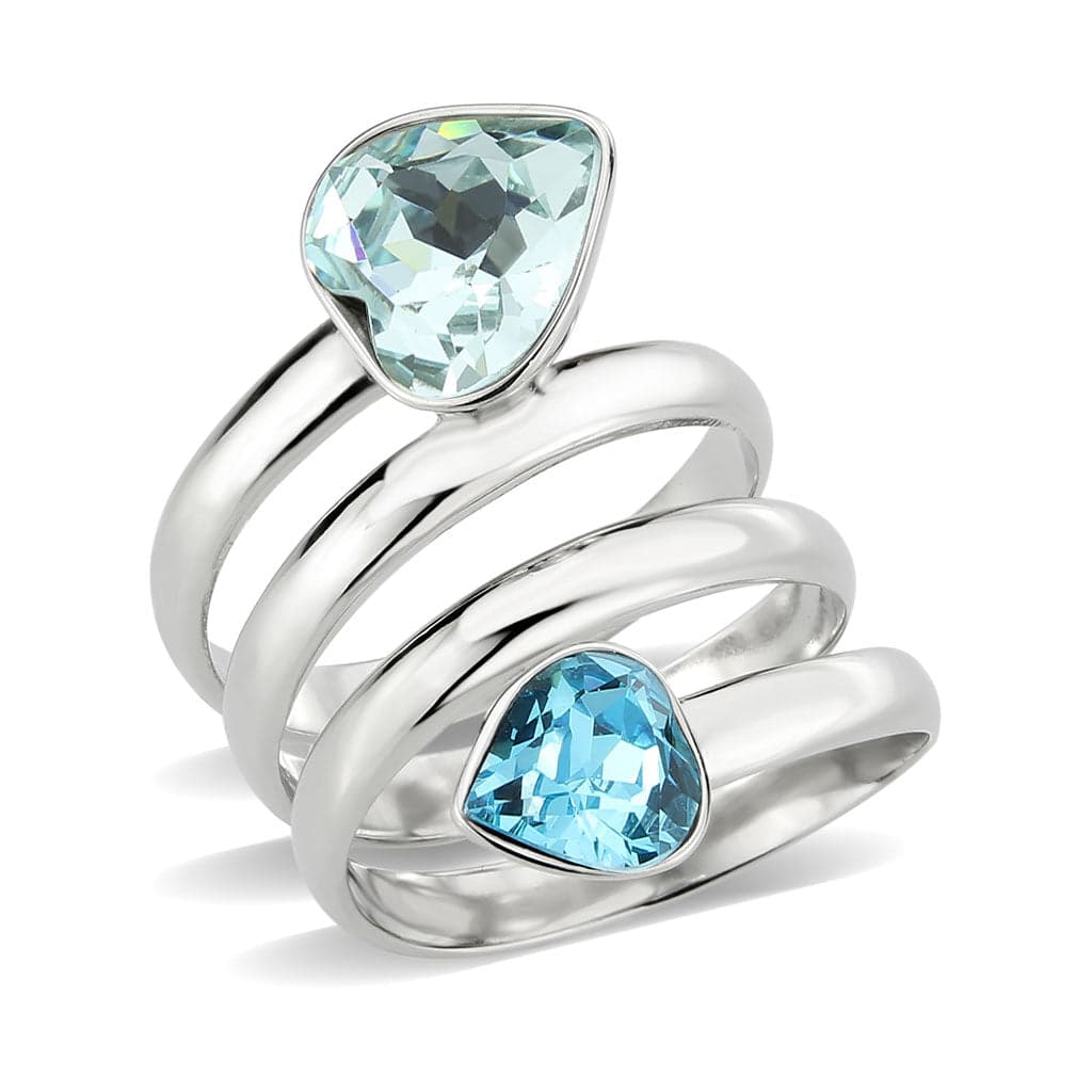 Stainless Steel Aquamarine Crystal Pear Double Spiral Ring