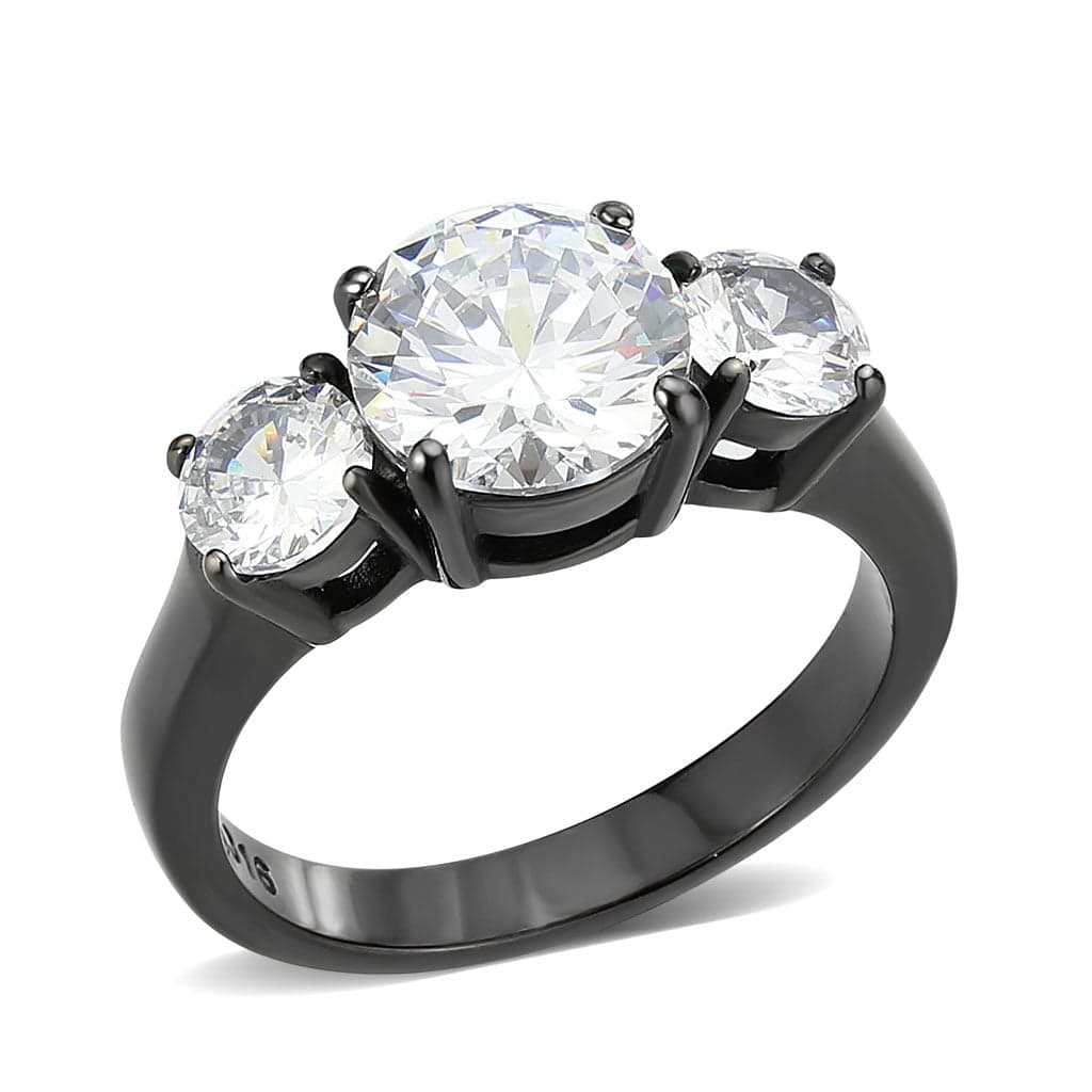 Stainless Steel Dark IP CZ Round Three Stone Classic Ring