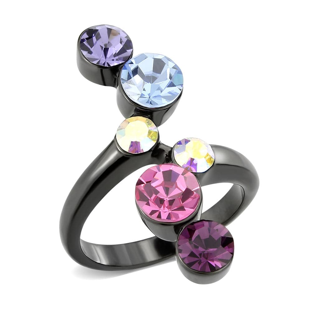 Stainless Steel Dark IP Multicolor Crystal Round Four Stone Ring