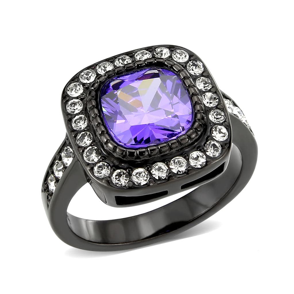 Stainless Steel Dark IP Amethyst CZ Cushion Double Halo Ring