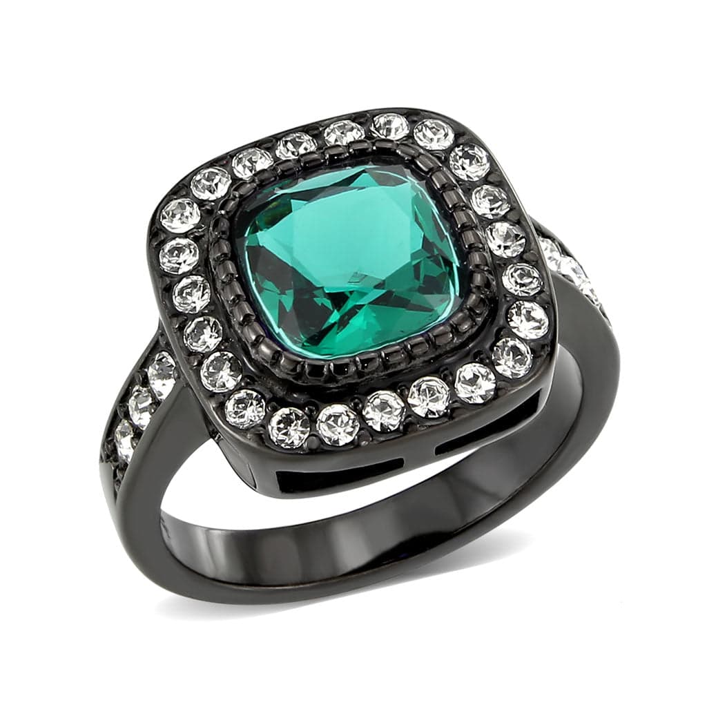 Stainless Steel Dark IP Emerald Green CZ Cushion Halo Ring