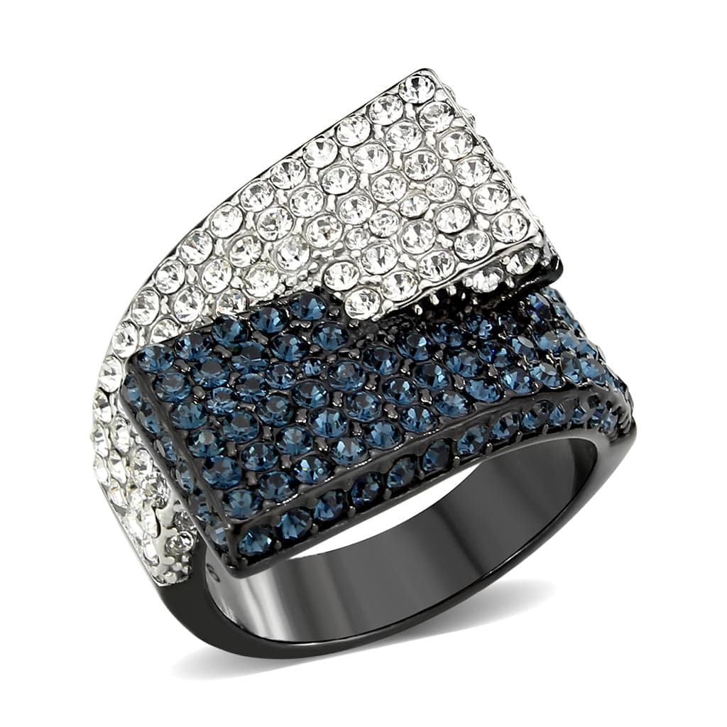 Stainless Steel Dark IP Blue Crystal Pave Stripe Wide Dome Ring