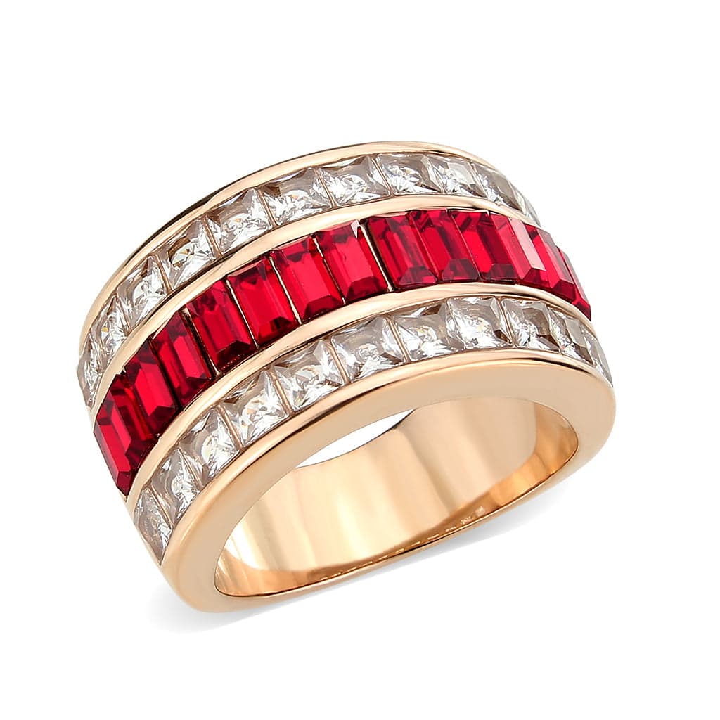 Stainless Steel Rose Gold IP Red Crystal Princess CZ Channel Ring