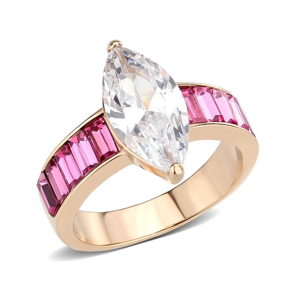 Stainless Steel Rose Gold IP CZ Marquise Pink Baguette Ring