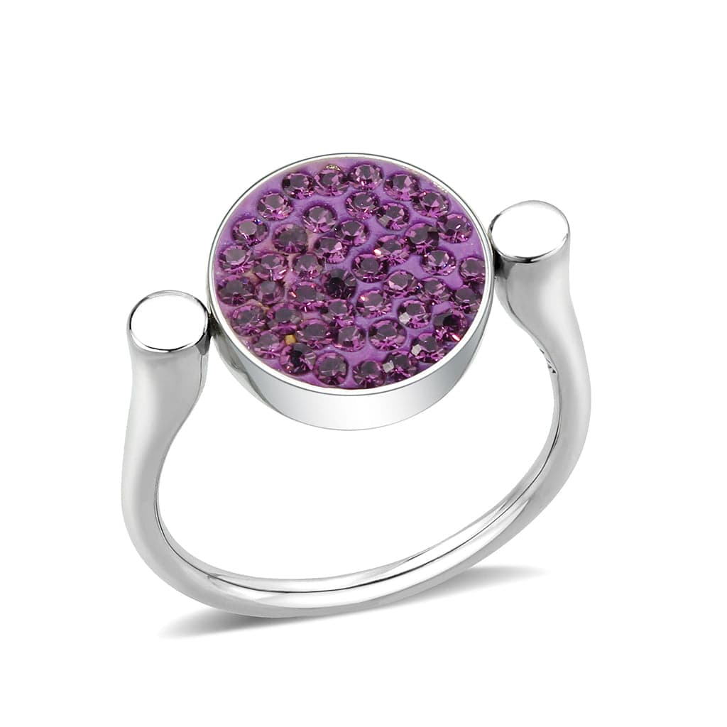 Stainless Steel Silver Purple Crystal Pave Round Disc Open Ring