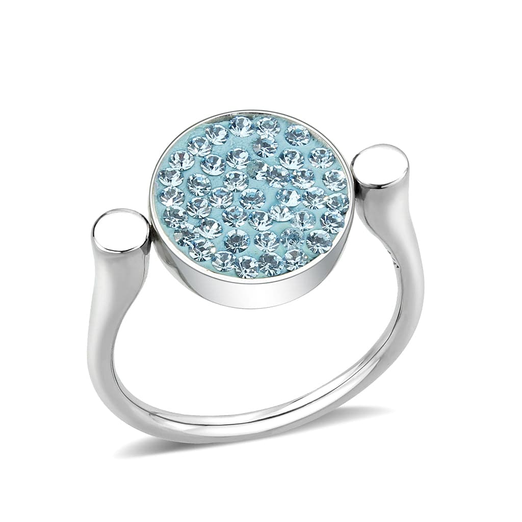 Stainless Steel Silver Light Blue Crystal Pave Round Disc Ring