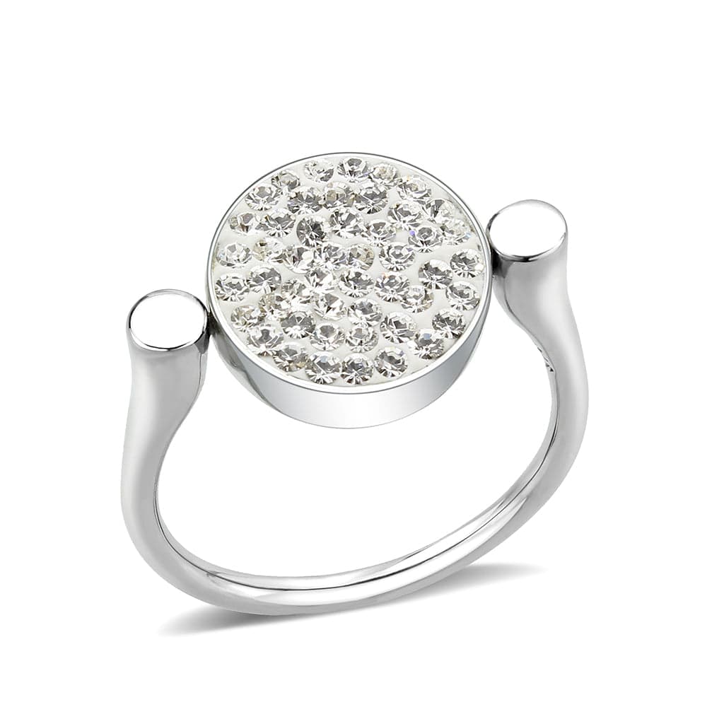 Stainless Steel Silver Clear Crystal Pave Round Disc Open Ring