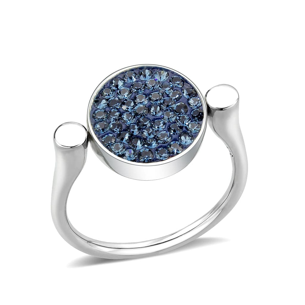 Stainless Steel Silver Montana Blue Crystal Pave Round Disc Ring