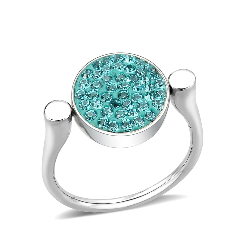 Stainless Steel Silver Turquoise Crystal Pave Round Disc Ring