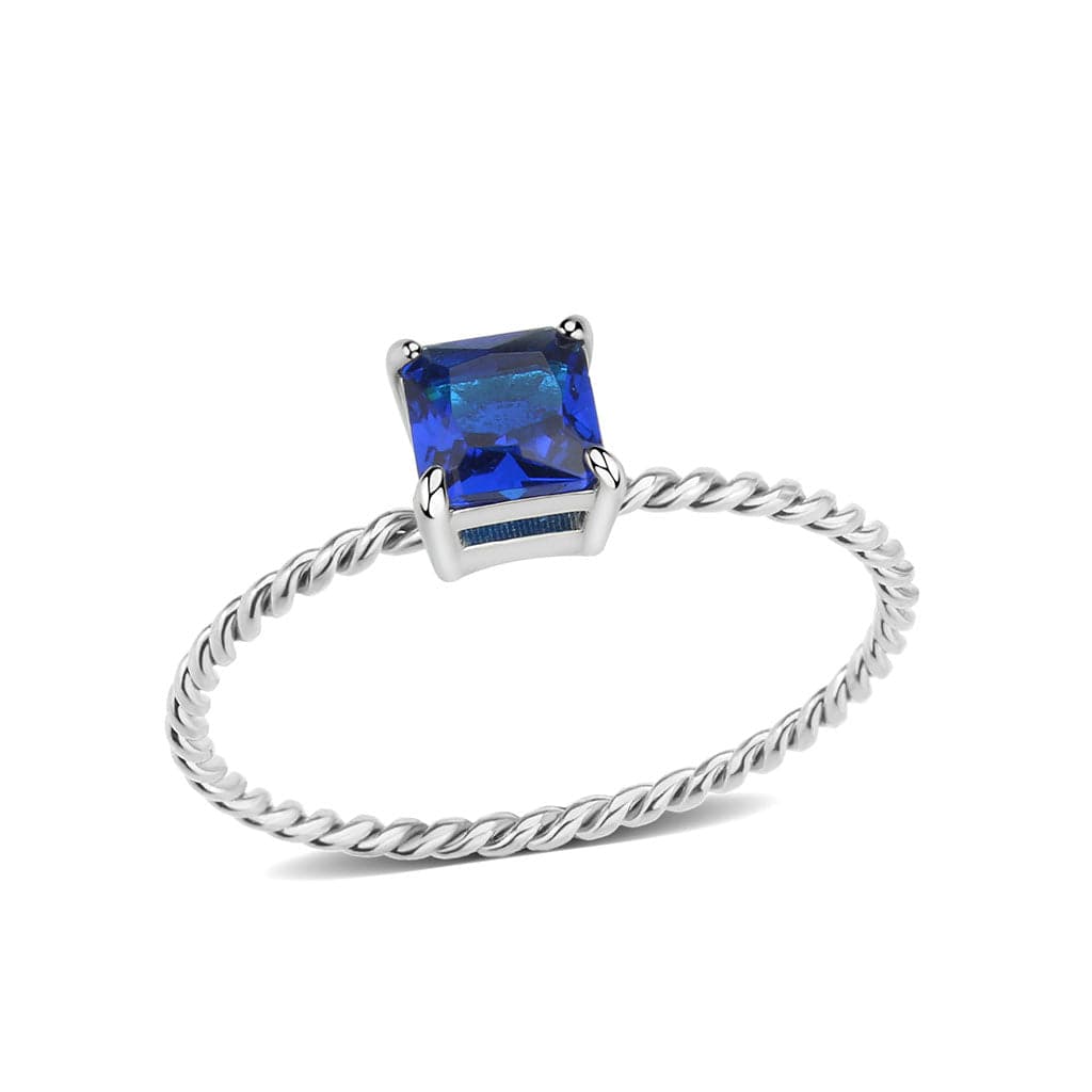 Stainless Steel Silver Blue Sapphire CZ Princess Rope Twist Ring