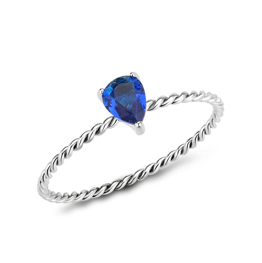 Stainless Steel Silver Blue Sapphire CZ Pear Rope Twist Ring