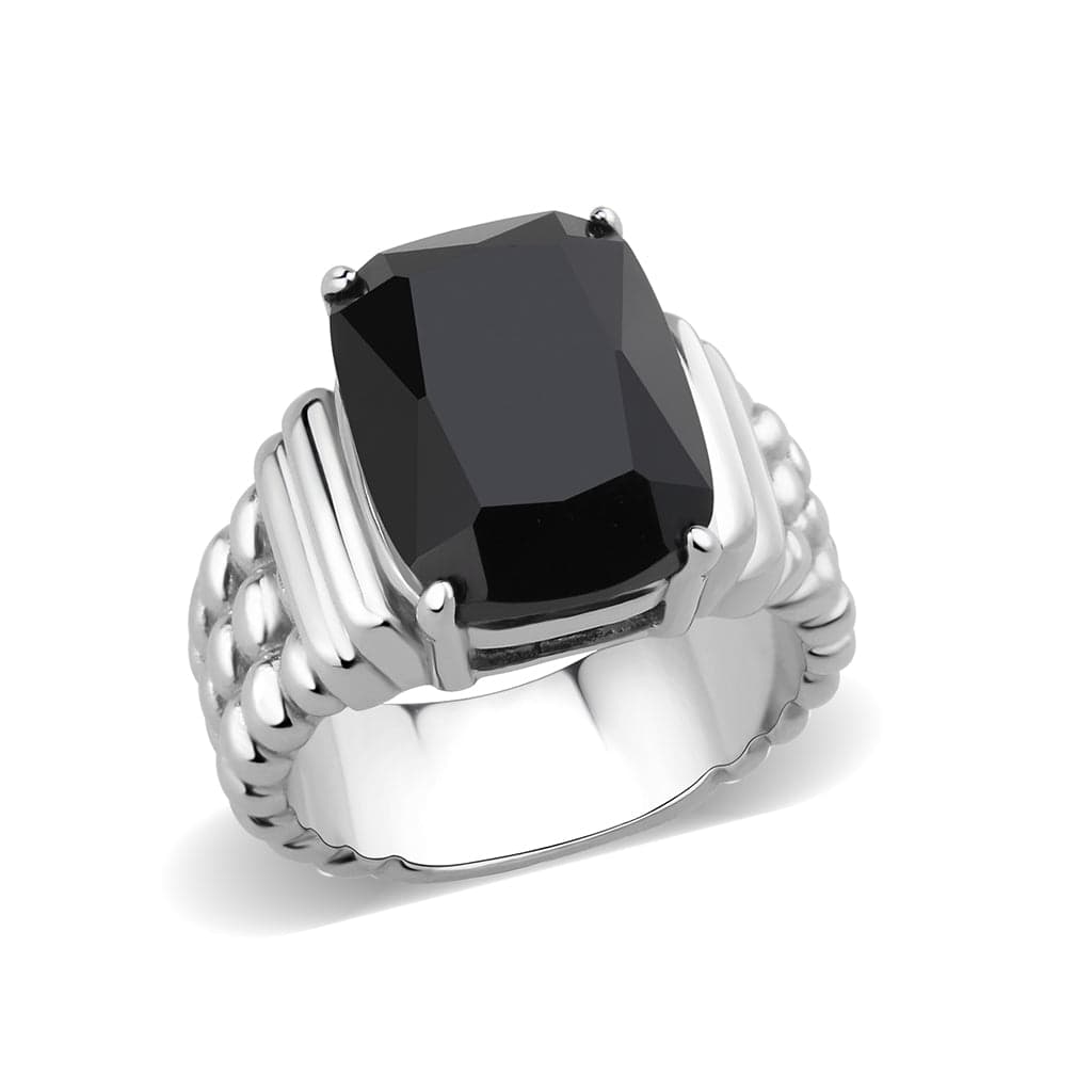 Stainless Steel Silver Black Onyx CZ Emerald Cut Rope Mens Ring
