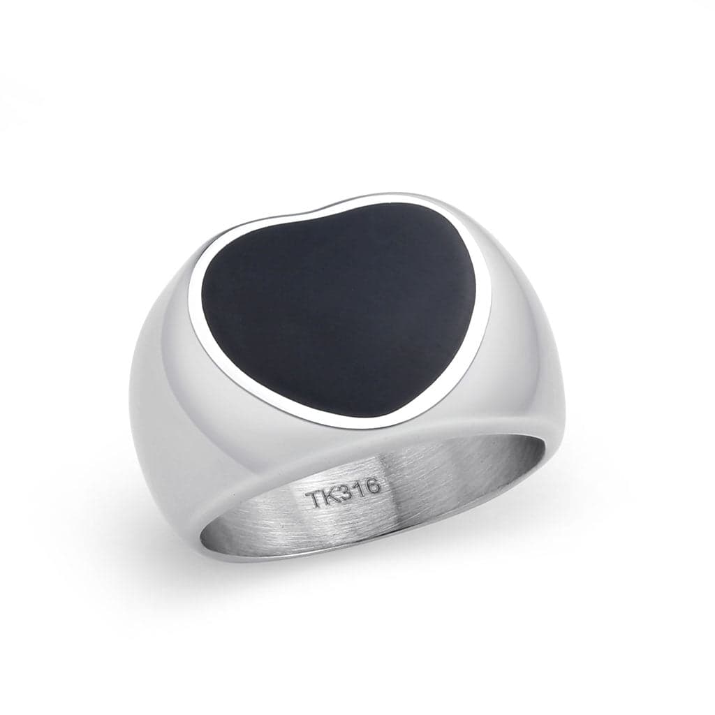 Stainless Steel Silver Black Enamel Heart Flat Top Mens Ring