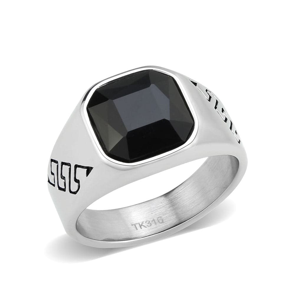 Stainless Steel Silver Black Onyx Emerald Cut Greek Key Mens Ring