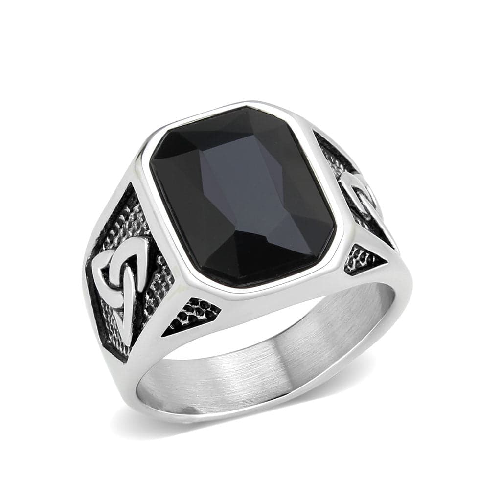 Stainless Steel Silver Black Onyx Emerald Cut Celtic Carved Ring