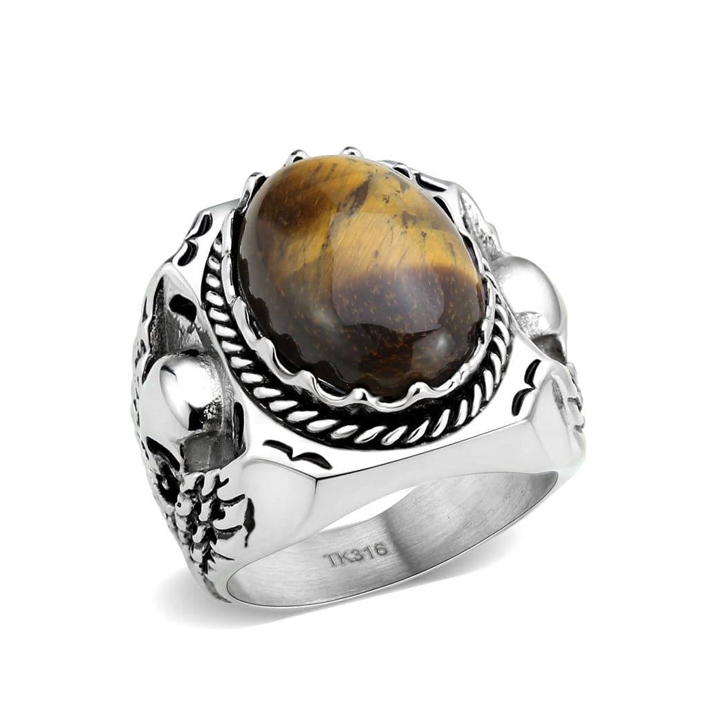 Stainless Steel Silver Tiger Eye Oval Claw Scroll Carved Ring
