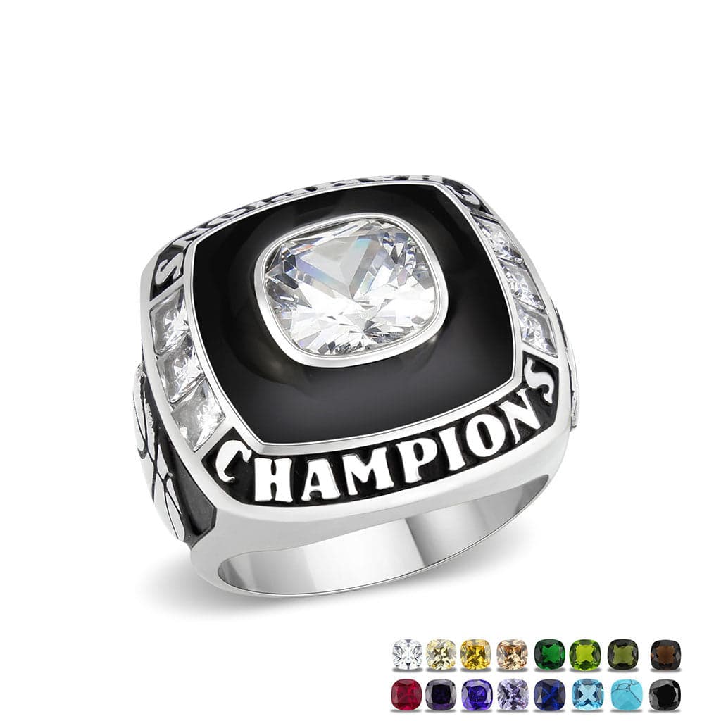 Stainless Steel CZ Cushion Champions Class Mens Signet Ring