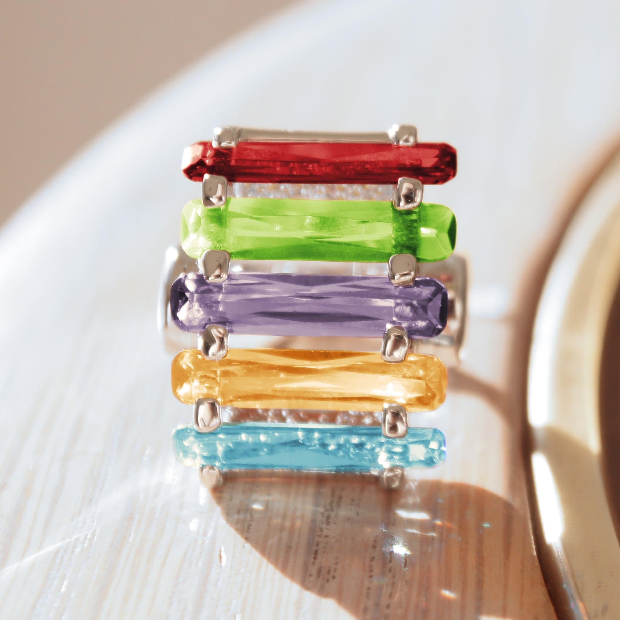 Brass Rainbow CZ Baguette Bar Stacker Ring
