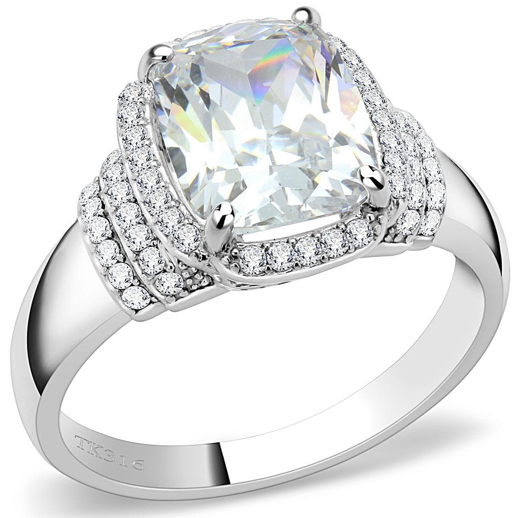 Stainless Steel CZ Cushion Cut Double Halo Pave Ring