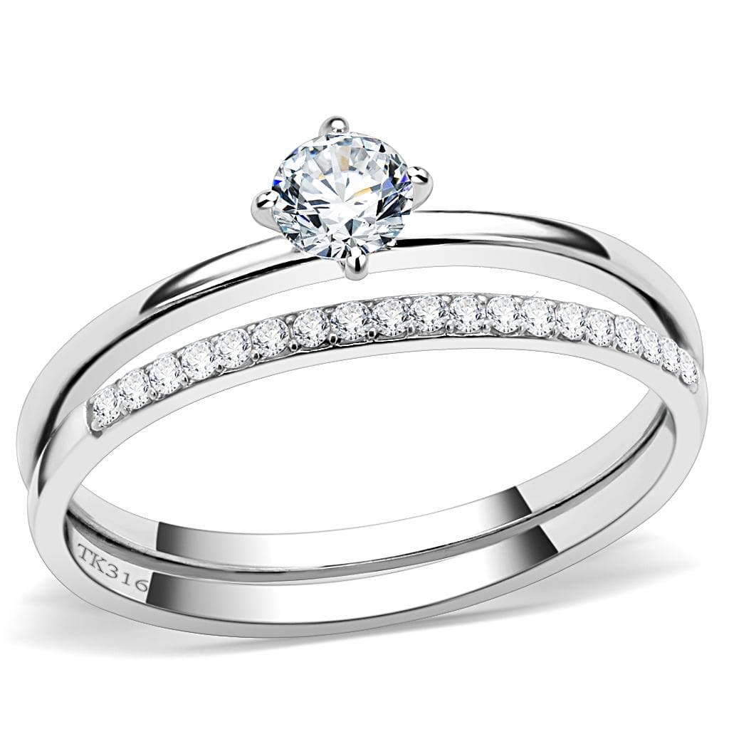 Stainless Steel CZ Round Double Band Pave Solitaire Ring