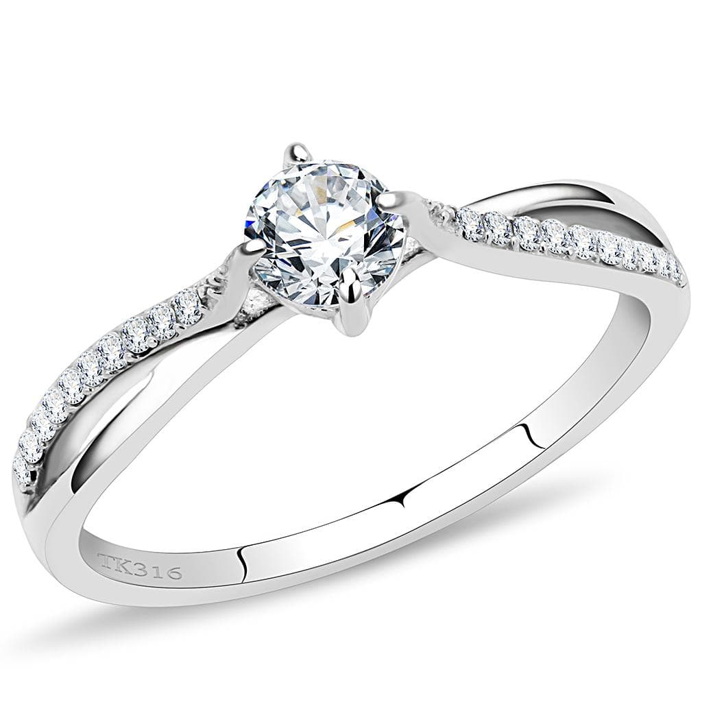 Stainless Steel CZ Round Prong Twisted Pave Solitaire Ring