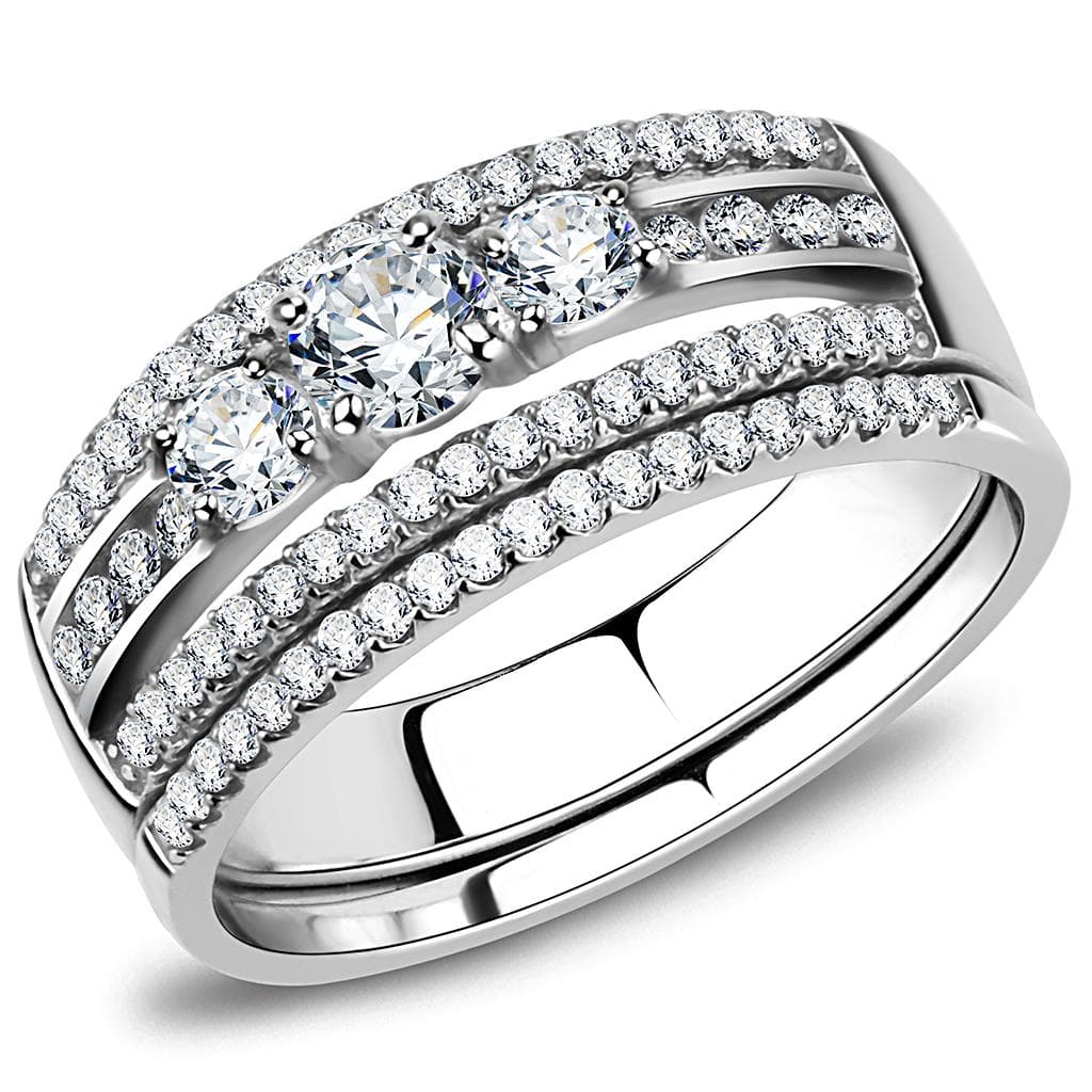 Stainless Steel CZ Round Triple Band Bridal Set Ring