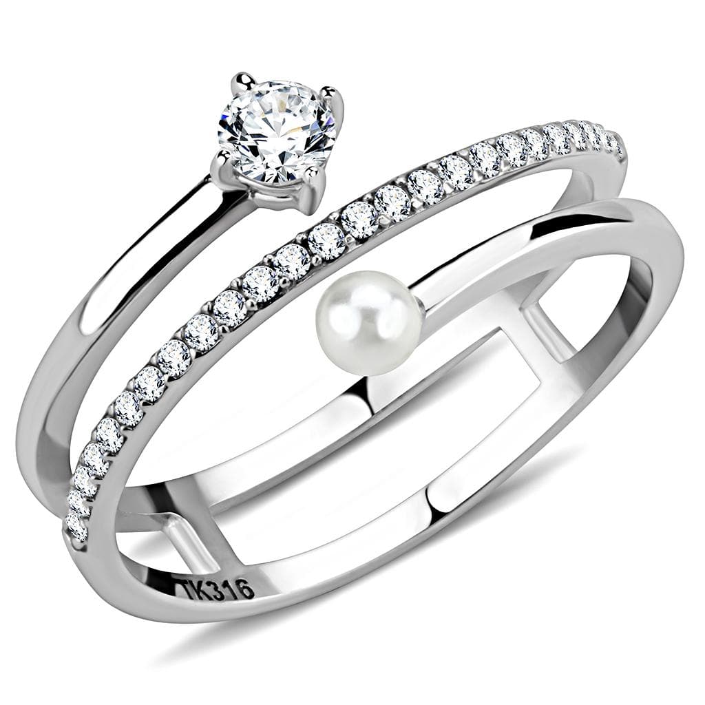 Stainless Steel Pearl CZ Pave Double Band Open Ring
