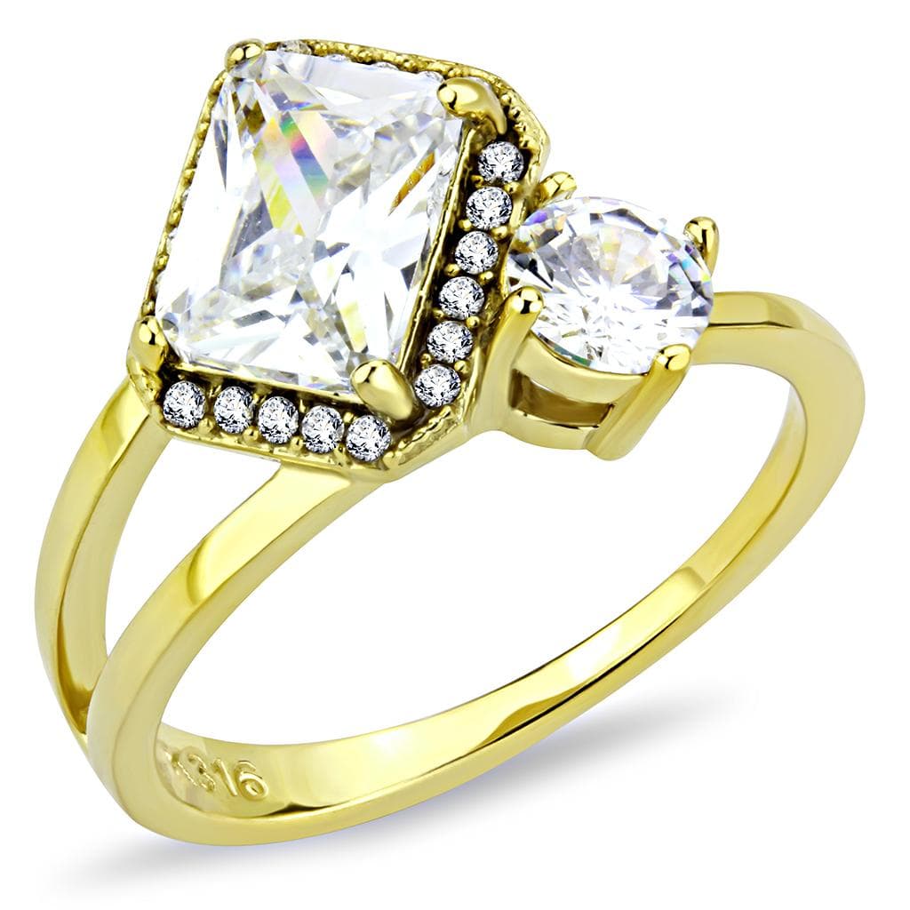 Stainless Steel Gold CZ Emerald Cut Pave Halo Three Stone Ring