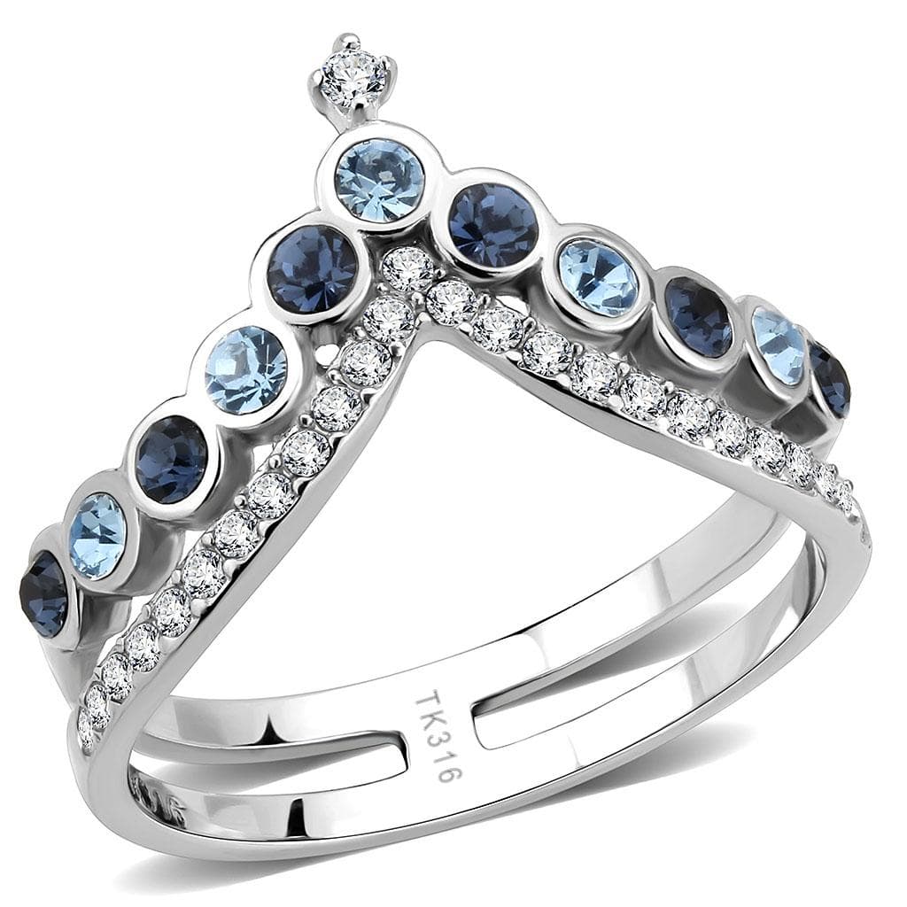 Stainless Steel Blue Topaz Multi Stone Crown Tiara Pave Band Ring