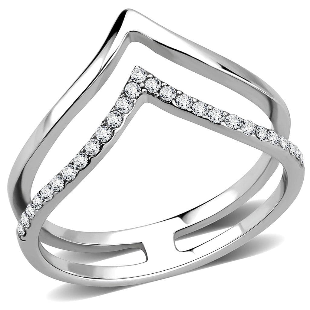 Stainless Steel CZ Pave Double V Chevron Open Ring DA308