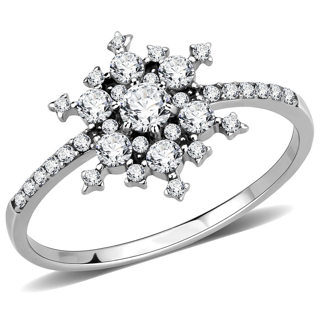 Stainless Steel CZ Round Pave Snowflake Starburst Cocktail Ring