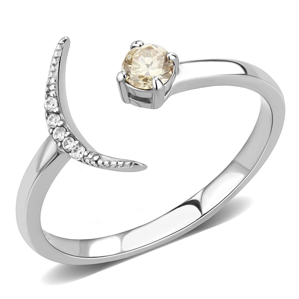 Stainless Steel Champagne CZ Round Crescent Moon Open Bypass Ring