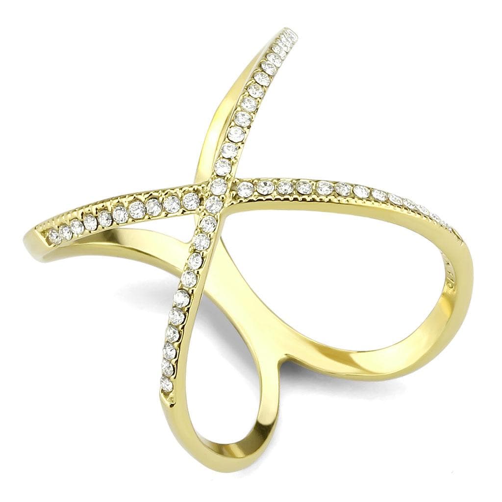 Stainless Steel Gold CZ Pave X Crossover Wide Open Band Ring