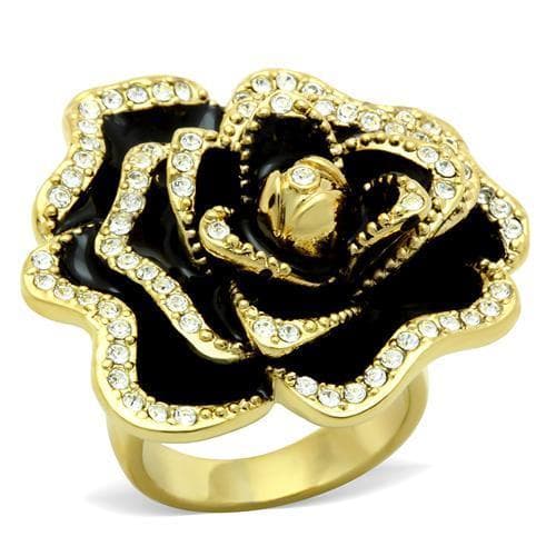 Brass Gold Black Enamel CZ Pave Rose Flower Cocktail Ring