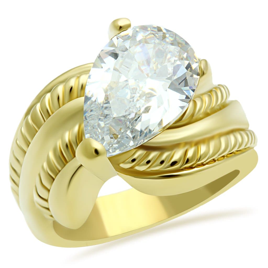 Brass Gold CZ Pear Large Rope Twist Wide Cocktail Ring