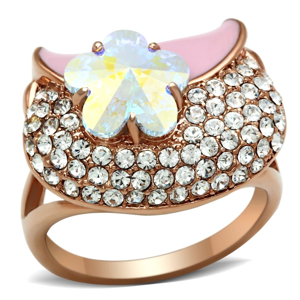 Brass Rose Gold Opal Flower Pink Enamel CZ Dome Cocktail Ring