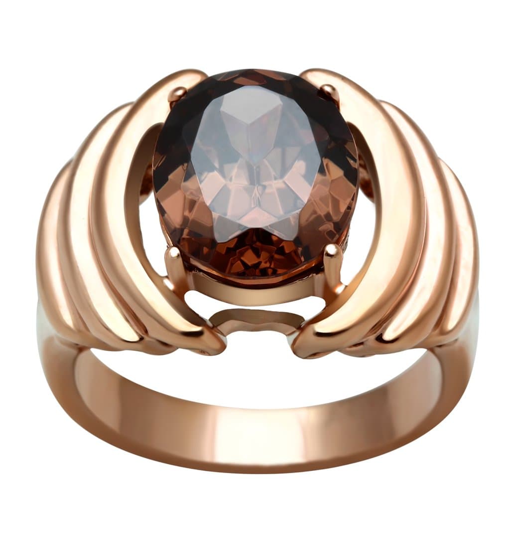 Brass Rose Gold Smoky Topaz Oval CZ Wing Fluted Cocktail Ring