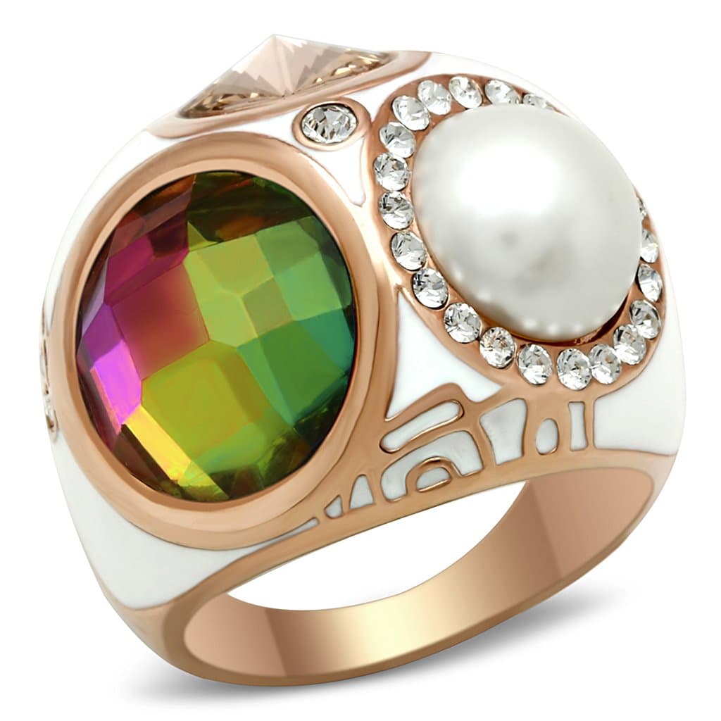 Brass Rose Gold Rainbow Vitrail Oval Pearl Enamel Cocktail Ring