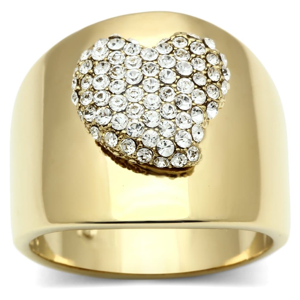 Brass Gold CZ Pave Heart Wide Dome Cocktail Ring GL293