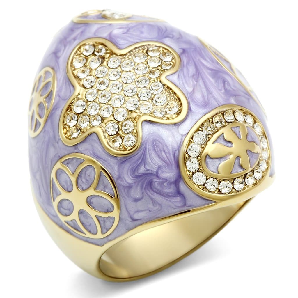 Brass Gold Lavender Enamel CZ Bear Flower Dome Cocktail Ring