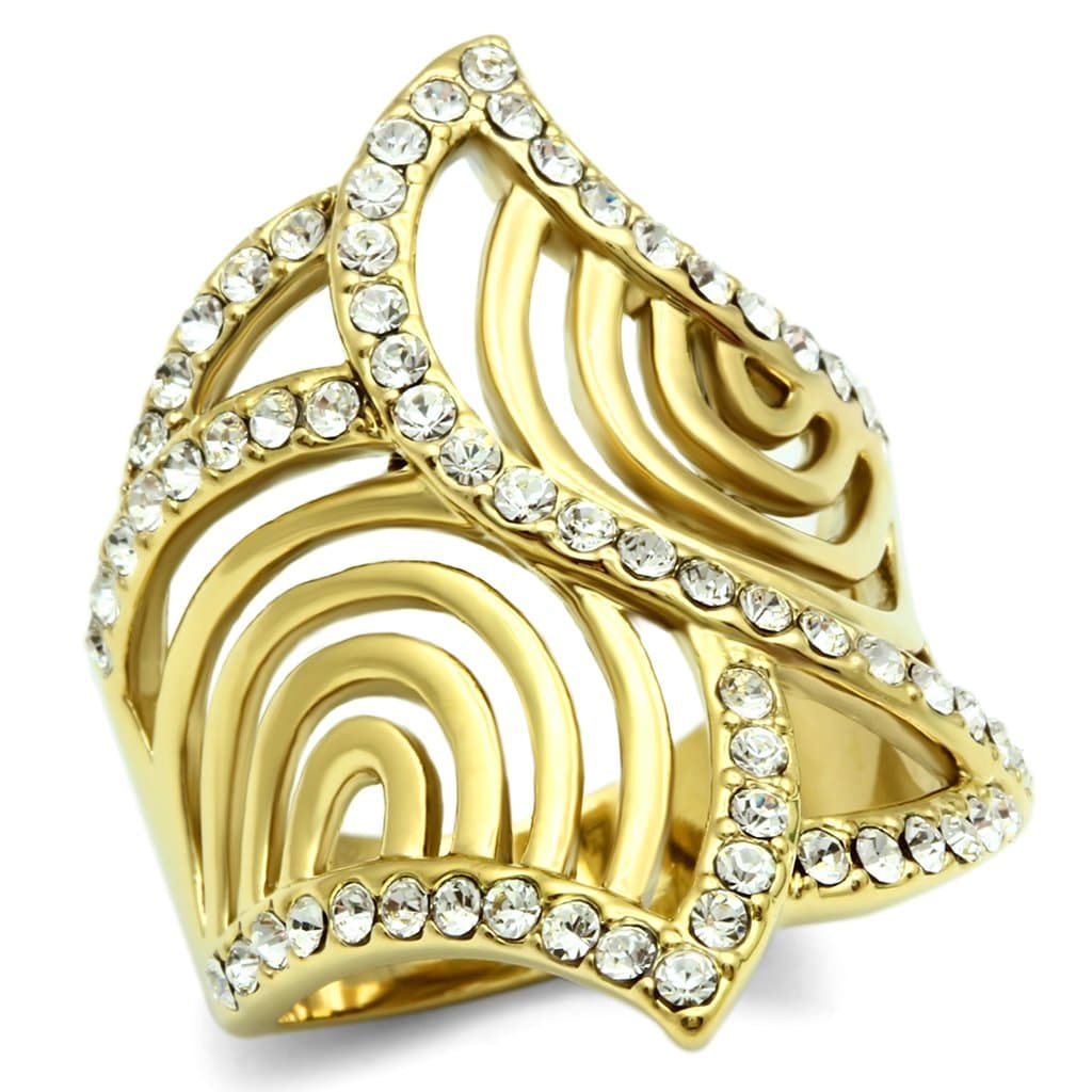 Brass Gold CZ Pave Swirl Geometric Art Deco Wide Cocktail Ring
