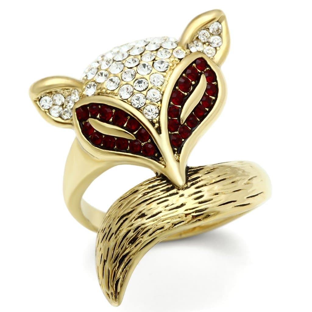 Brass Gold Red Garnet CZ Pave Leaf Fox Cocktail Ring
