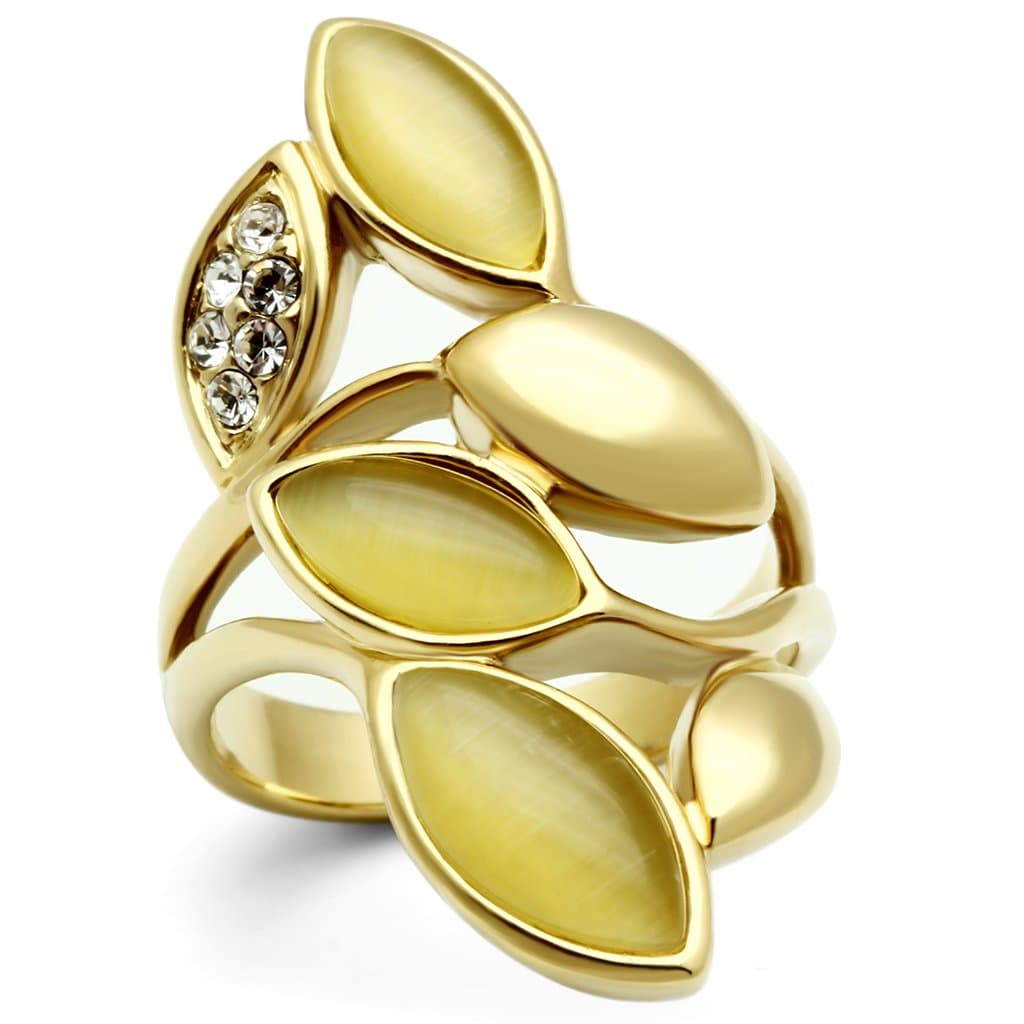 Brass Gold Cat Eye Marquise Leaf Cluster Cocktail Ring